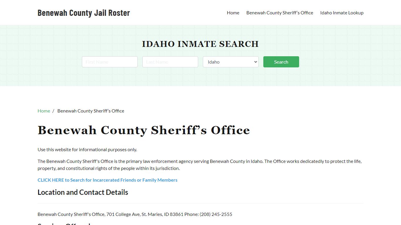 Benewah County Sheriff Office, ID, Arrest Warrants Search